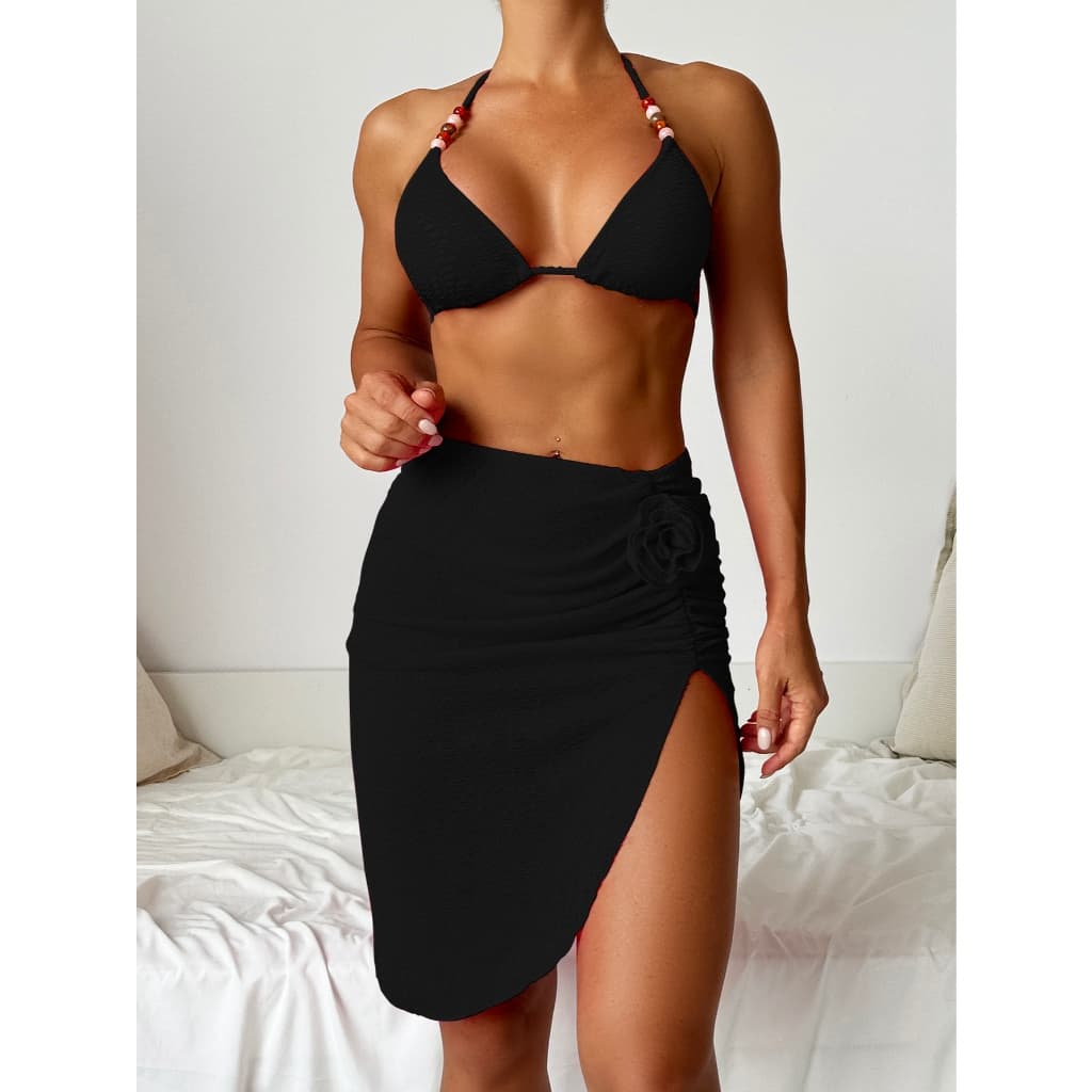 HT VEST 3 Peçs Biquíni Texturizado C/ Saida de Praia Saia Elegante XX274