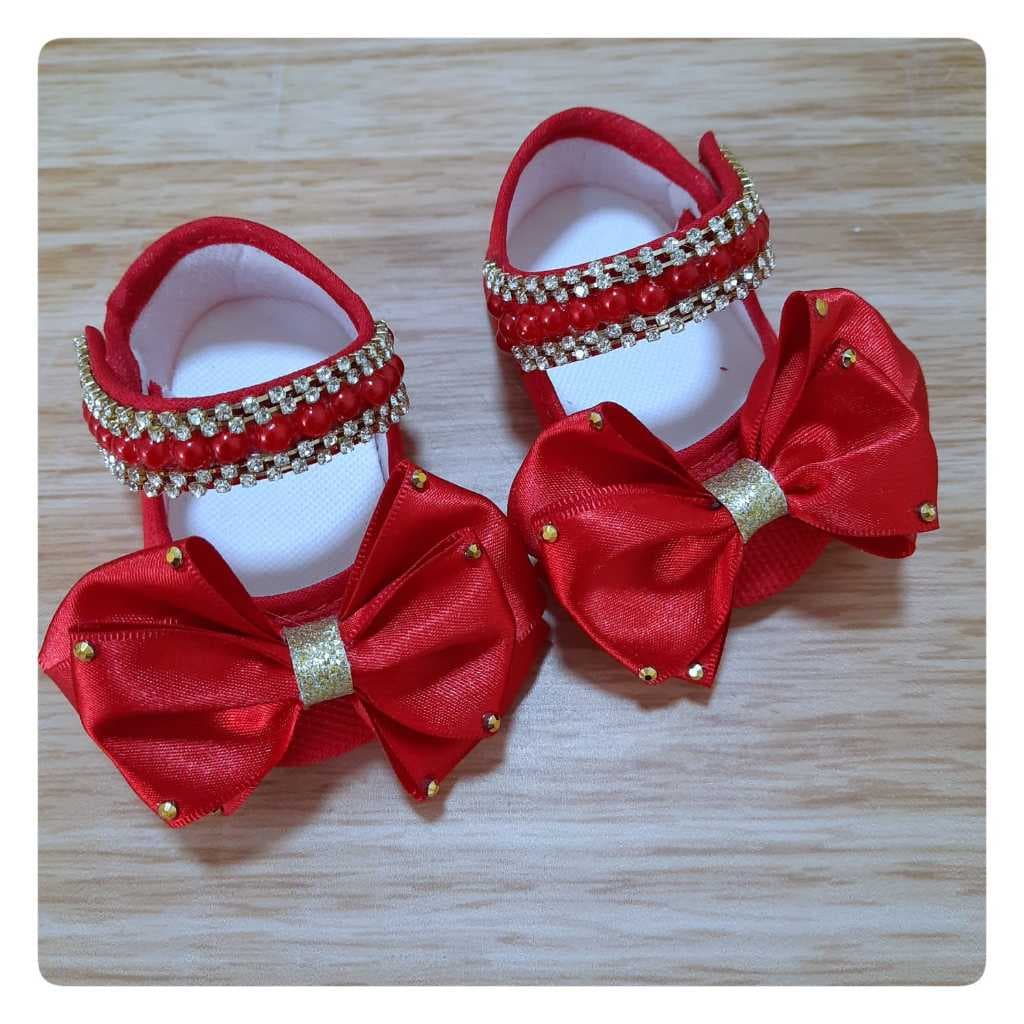 Sapatinho Vermelho para Bebe Sapatilha em Pérolas Batizado Sapato Recém Nascido Menina Infantil Luxo