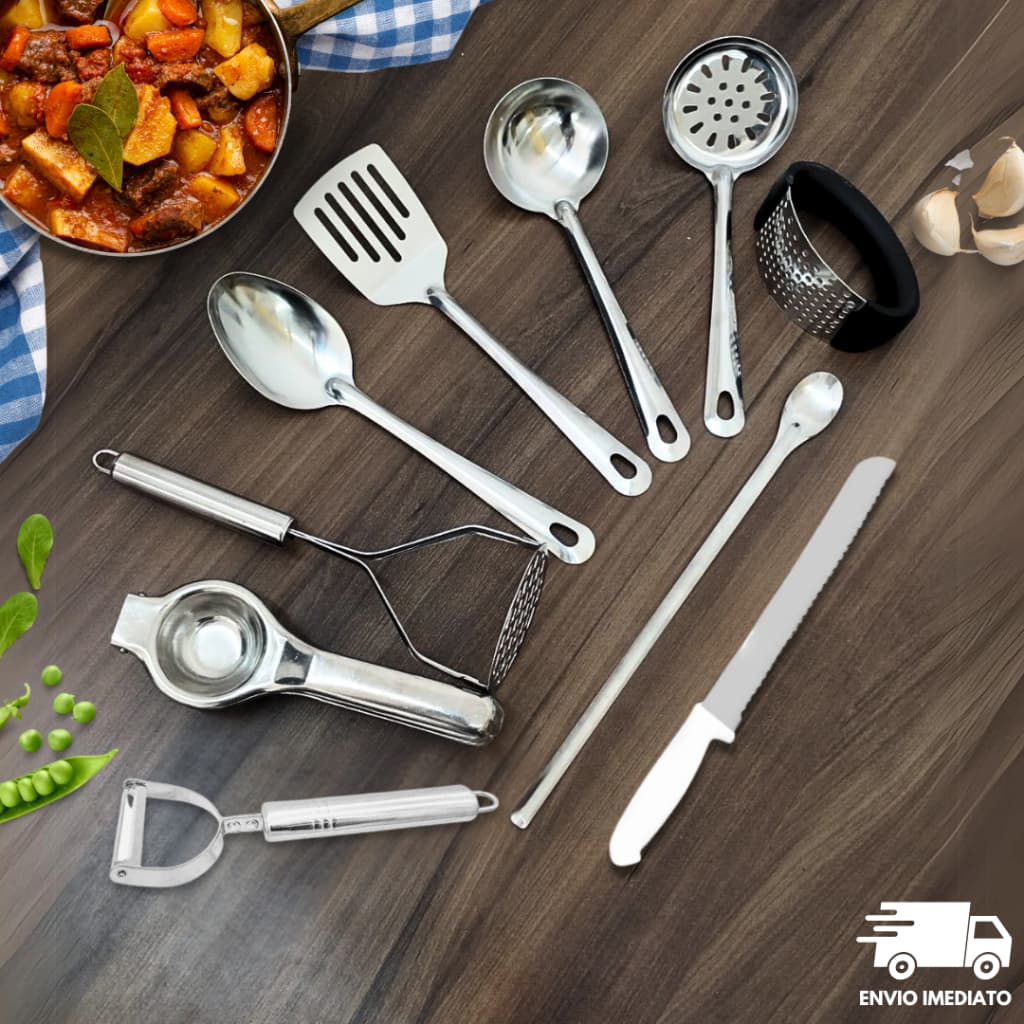 Utensilios Cozinha INOX Kit 10pçs- Espatula Espremedor Colher de Arroz Concha Amassador Comida Casa