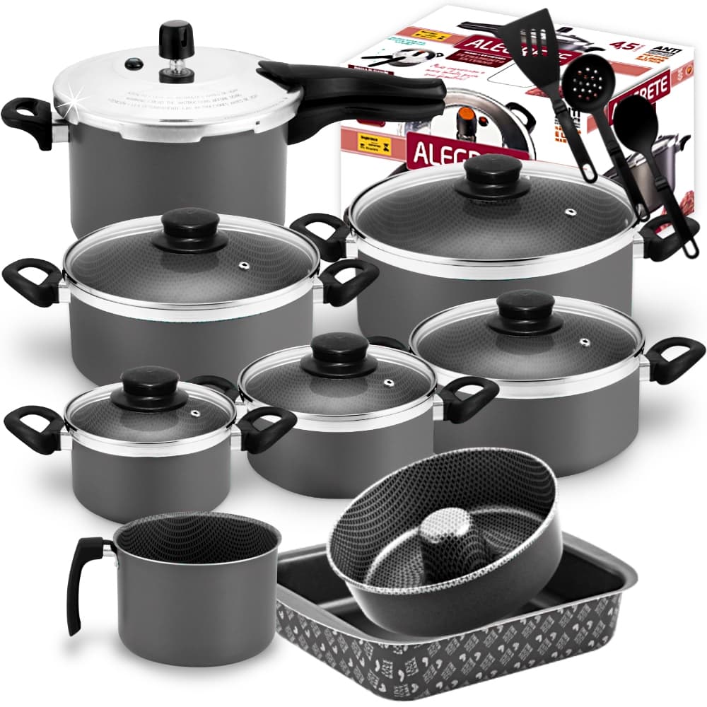 Jogo De Panelas Antiaderente Forte e Grossas + Panela De Pressão 4,5l + Forma Cone + Retangular 12pç