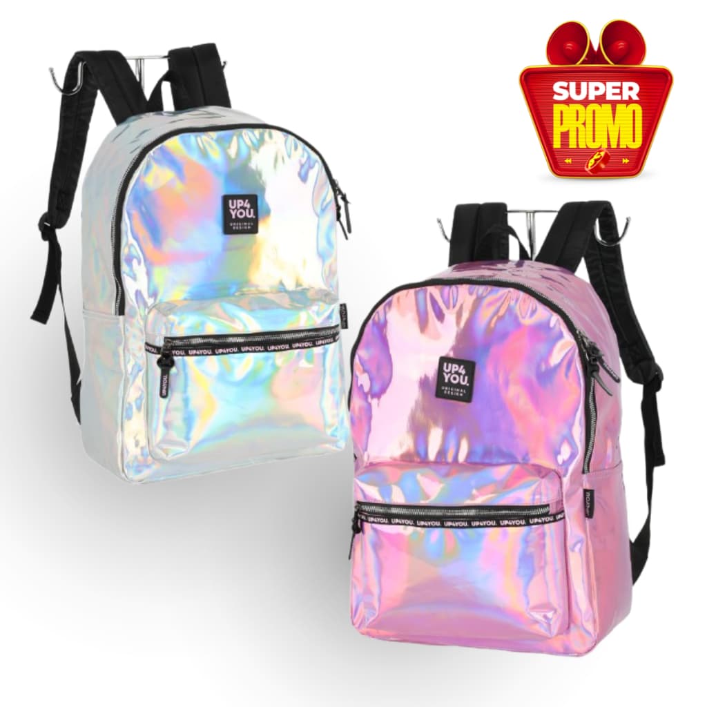 Mochila Costas Holográfica Escolar Original Juvenil Feminina Colegial Estilosa Brilhante Prateada