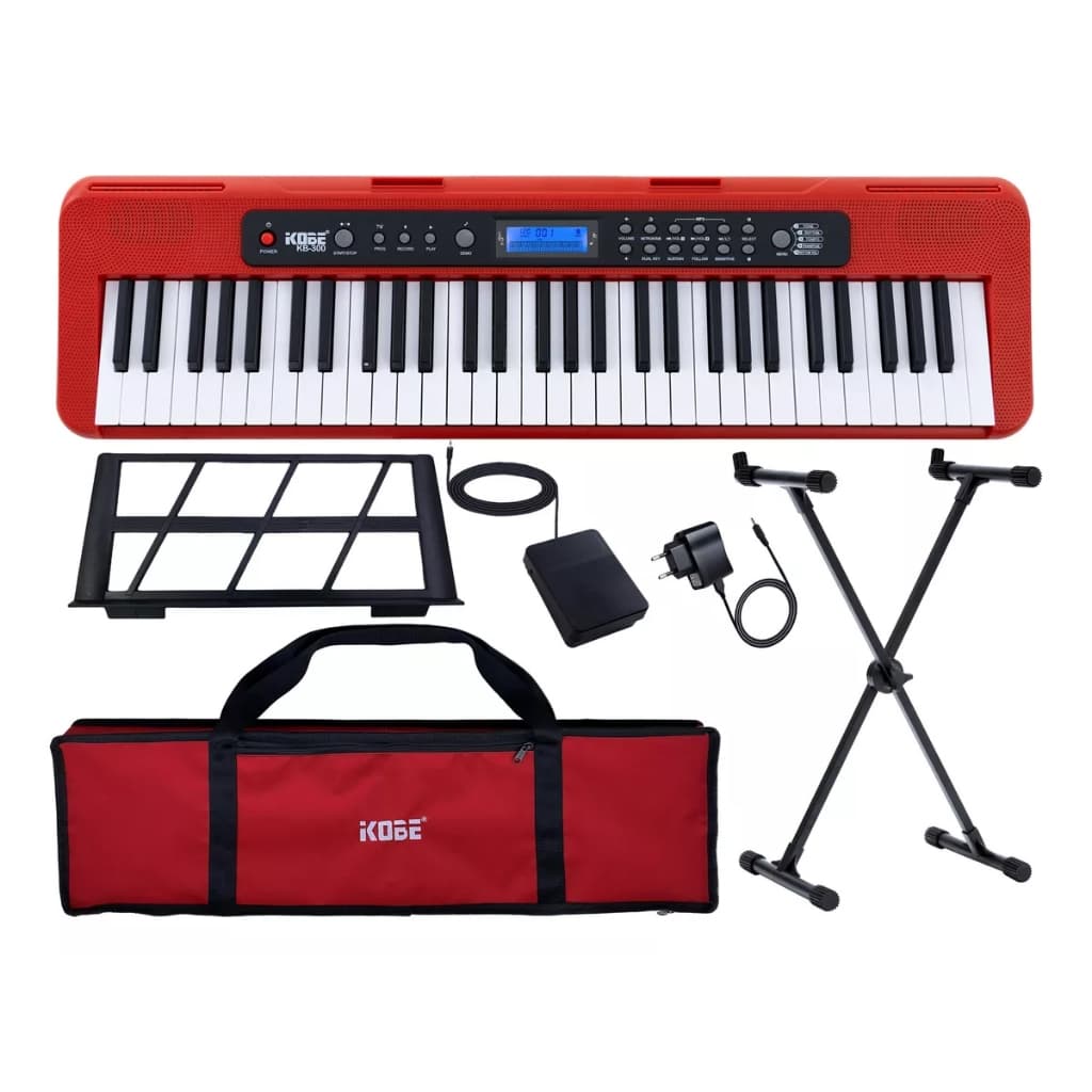 Kit Teclado Musical Kobe KB-300 5/8 61 Teclas com Sensibilidade Pedal Sustain Capa e Suporte