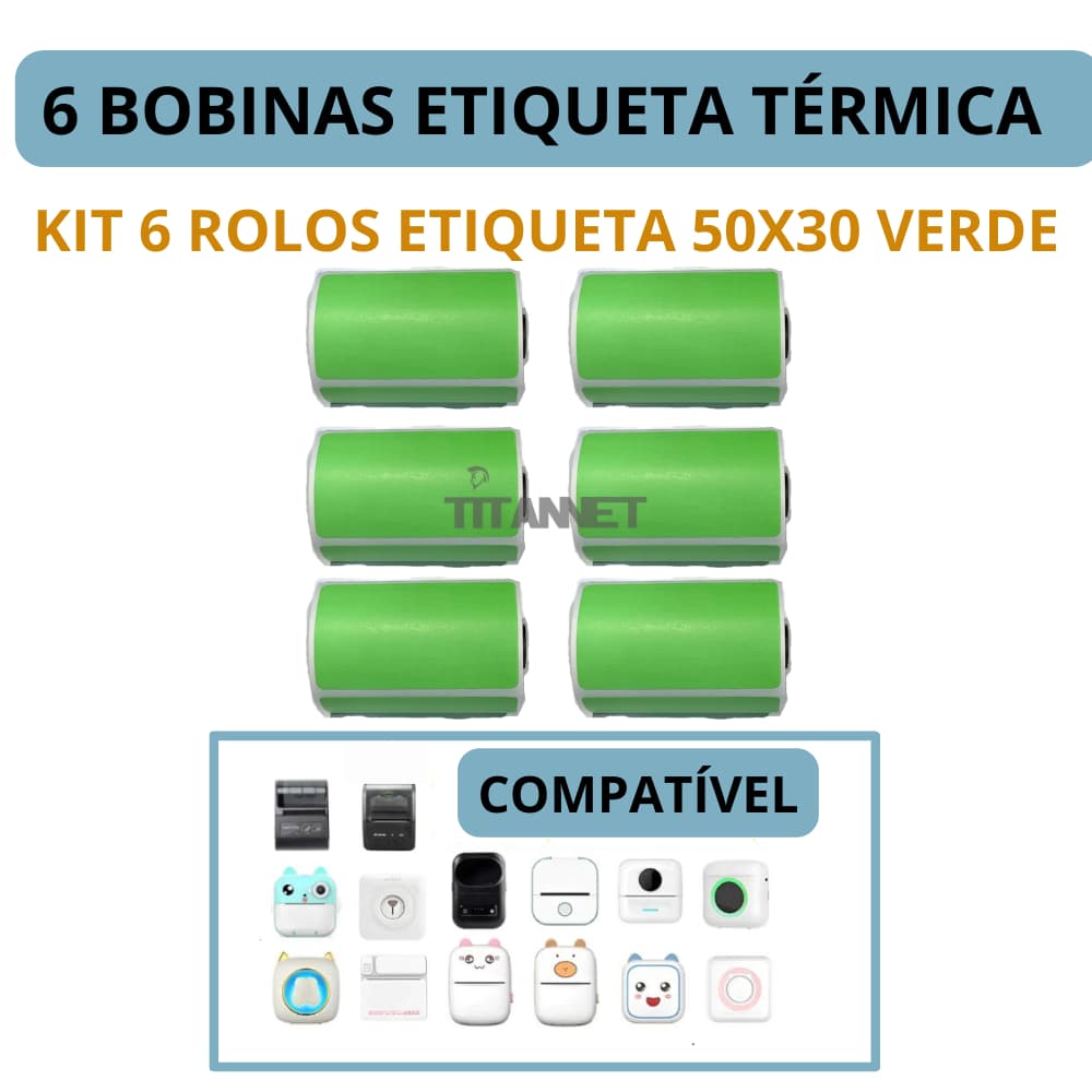 Etiqueta Adesiva Cor Verde P/ Mini Impressora Gato - 6 Rolos