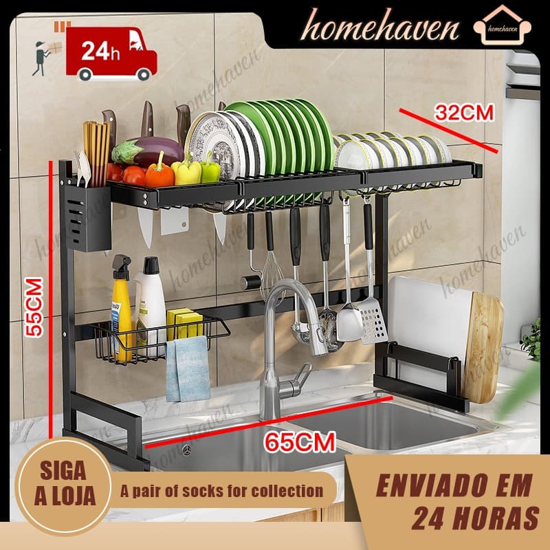 1/2Rack de pratos em camadas sobre a pia Rack de secagem de pratos Escorredor de pratos/Vem com um suporte de esponja