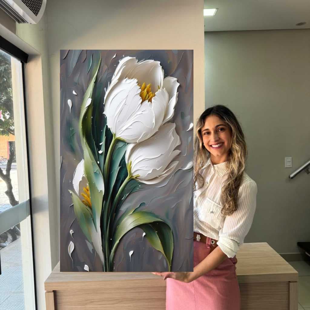 QUADRO DECORATIVO - PINTURA DE TULIPA BRANCA -