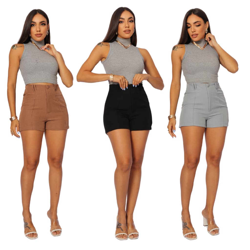 Short Femenino Casual Cintura Alta Con Pasantes y Bolso na Frente