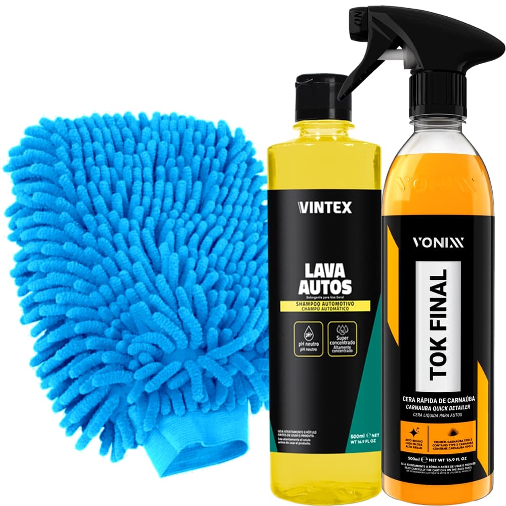 Kit Limpeza Automotiva Cera Tok Final Vonixx Spray Shampoo Automotivo Lava Autos Vintex 500ml e Luva Kit
