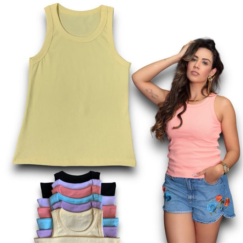 Regatinha Top Ribana Feminino Canelado Básica  Tamanho e Cores