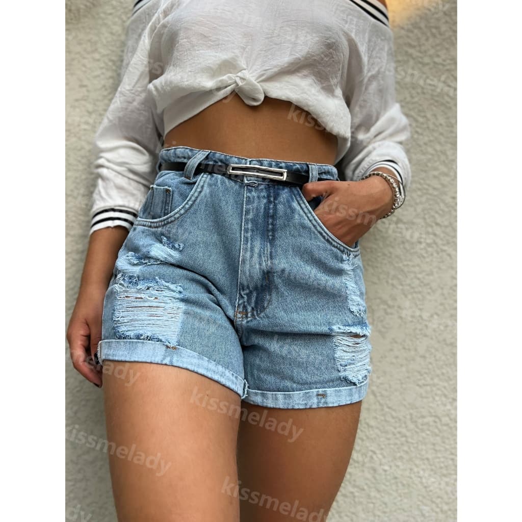 kissmelady 9035 com cinto preto short jeans feminina com rascada Shorts jeans feminino  lisa com rascada juvenil natural