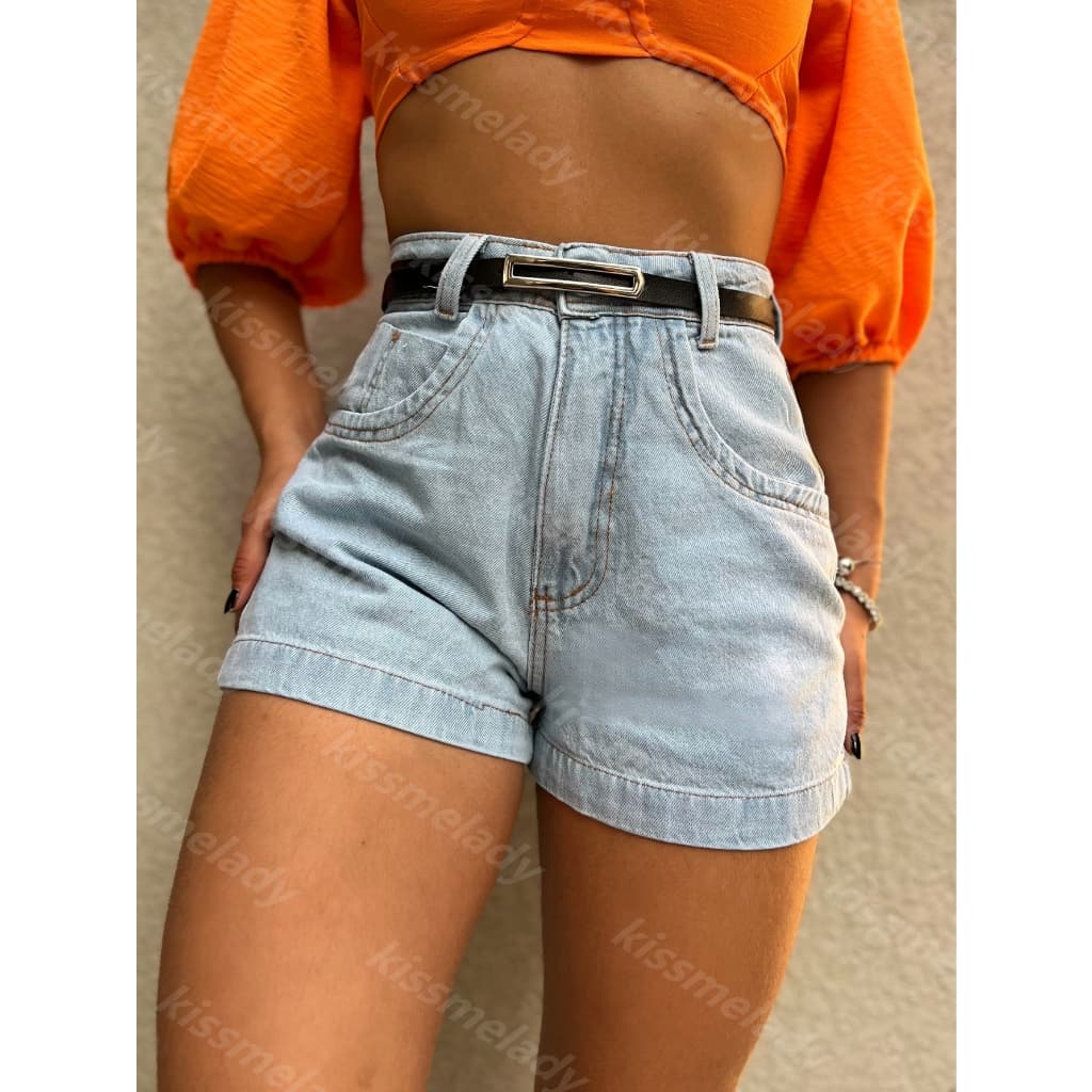 kissmelady 910 com cinto preto short jeans feminina com rascada Shorts jeans feminino  lisa com rascada juvenil natural