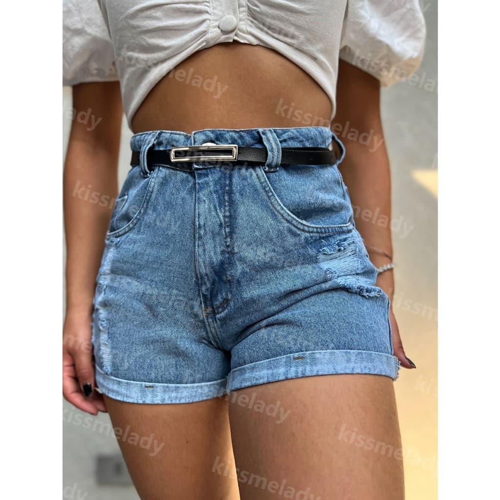 kissmelady 9016 com cinto preto short jeans feminina com rascada Shorts jeans feminino  lisa com rascada juvenil natural