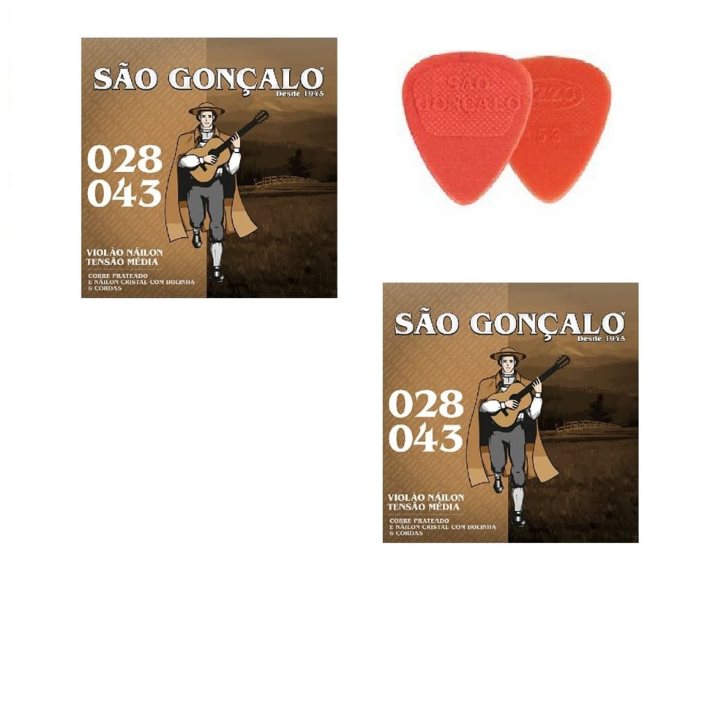 KIT 2 ENCORDOAMENTO VIOLÃO CLÁSSICO NYLON TENSÃO MÉDIA SÃO GONÇALO EXTRA 2 PALHETAS  JOGO DE CORDA COM BOLINHA