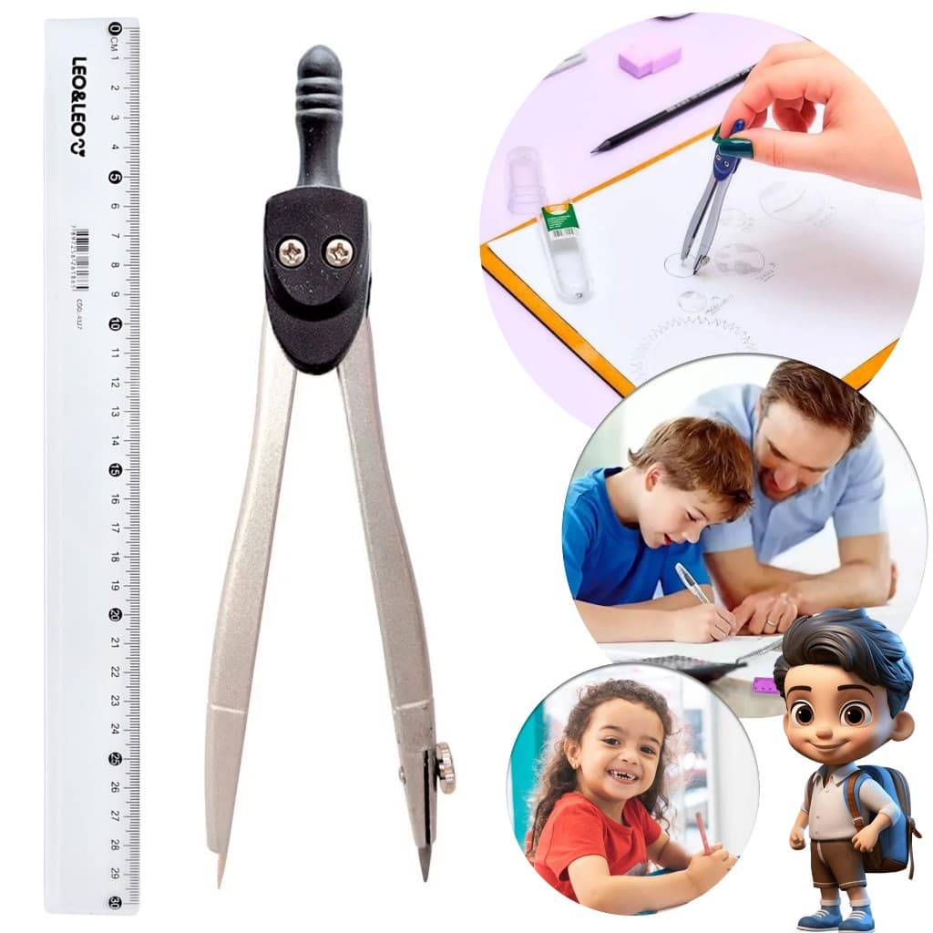 Kit Geométrico Régua 30cm E Compasso De Metal Escolar