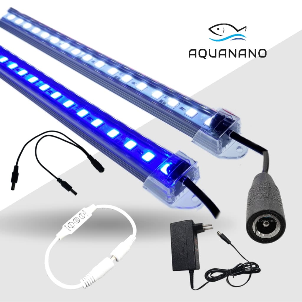 Iluminação P/ Aquário C/2 Barras 40cm C/fonte e mini dimmer Aquanano - 1 branca 10000k 1 azul
