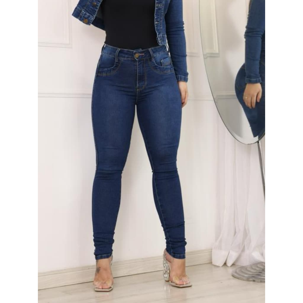 Calça Jeans Feminina Com Lycra Skinny Empina Bumbum Cintura Alta Com Pinça Cos Alto Escura