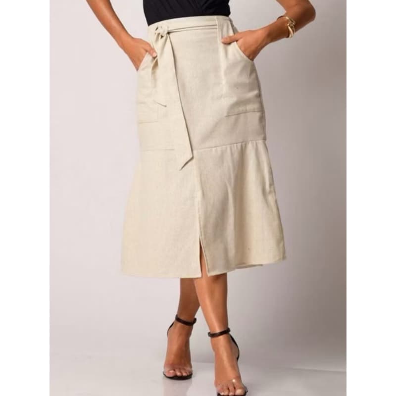 Saia Feminina Midi Linho Moda Evangélica Com Cinto no Material do Tecido Cintura Alta