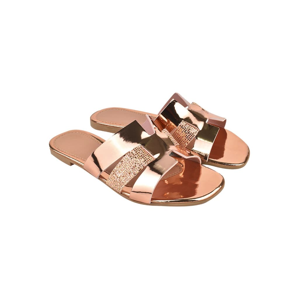 Sandália Slide Metalizada com Strass