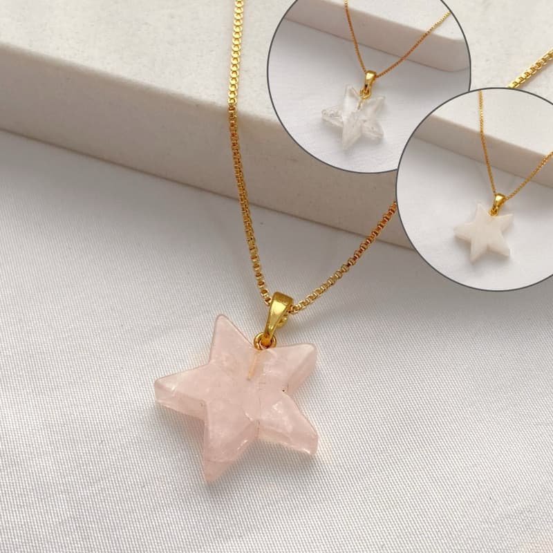 Colar Corrente Pingente de Pedra Natural Quartzo em Forma de Estrela Rosa, Branca, Cristal ou Verde Folheado a Ouro 18k