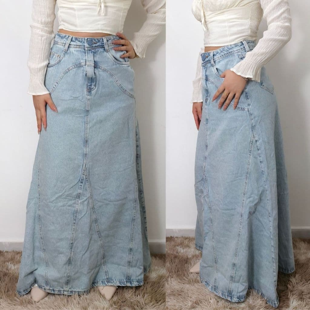 Saia Jeans Longa Feminino Moda Crista Evangélica Casual Cintura Alta Juvenil Com Bolso e Botão