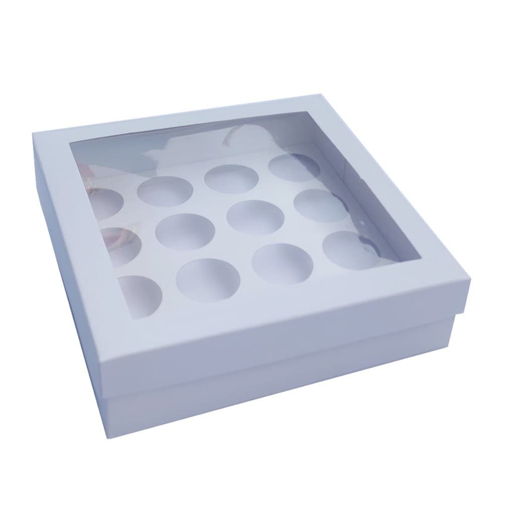 Caixa para 16 Doces Visor PET 15,5x15,5x4 com Berço Embalagem Presente Mãe Namorados Pai Professores