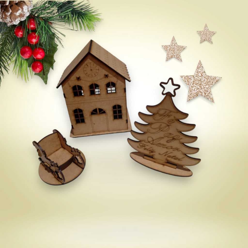 kit casa da fazenda natalina para decoração de natal em MDF.