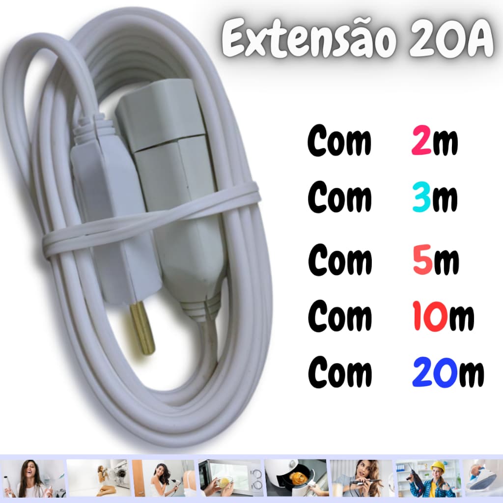 Extensão elétrica 20A P/ Ferro de passar/Secador / Lavadora/ Microondas/ Chapinha/ Furadeira...