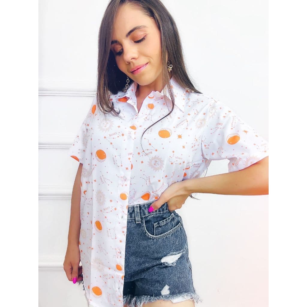 Blusa Camisa Social de Botões Manga Curta Estampada Mística Branca Unissex