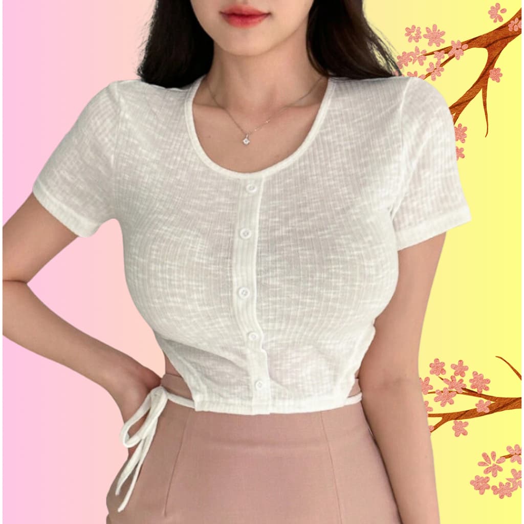 Camiseta Top Manga Curta Slim Fit branca estilo coreano laço kawaii coquette gyaru lolita egirl luxo academia treino fit