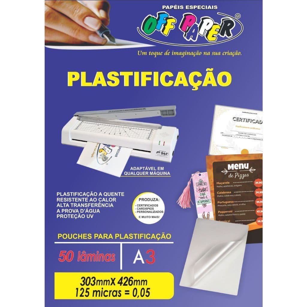 Plástico para Plastificação A3 50 Unidades Polaseal UV Documentos Cardápio Off Paper