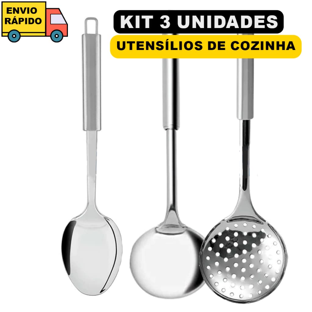 Kit 3 Utensílios Para Cozinha Em Inox Premium Concha De Feijão Colher De Arroz Escumadeira