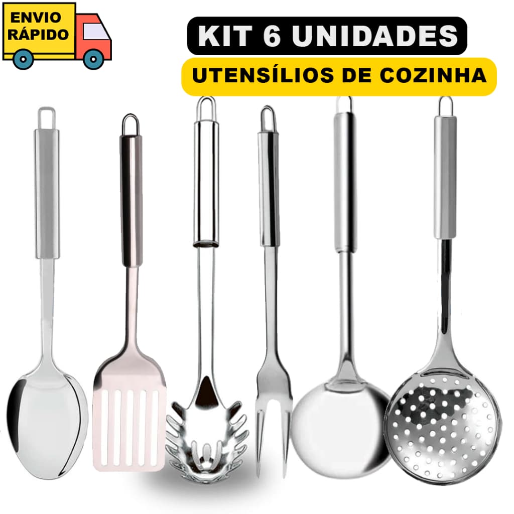 Kit 6 Utensílios de Cozinha em Aço Inox Escumadeira 33cm Concha 32cm Colher de Arroz 29cm