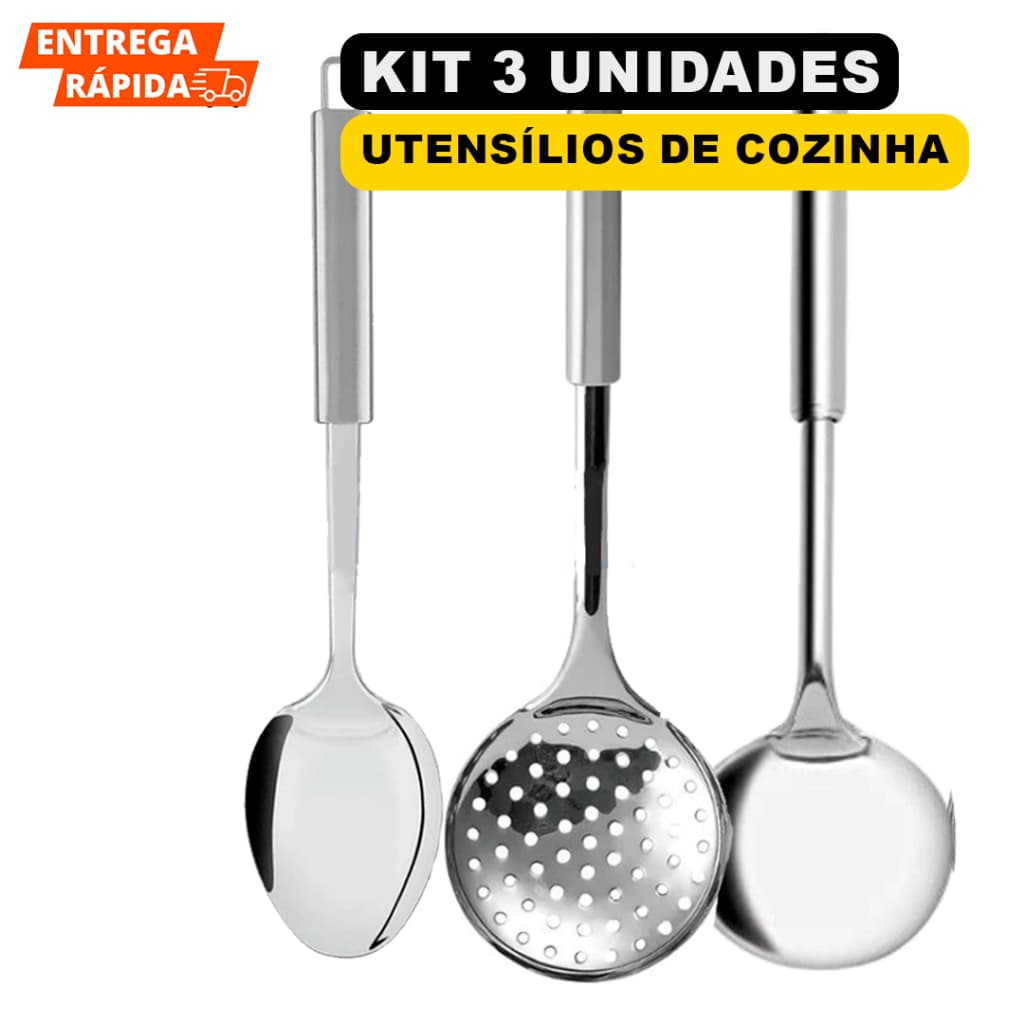 Jogo De Utensílios Inox 3 Peças Premium Utensílios Para Restaurante Completo Colher Concha Espátula