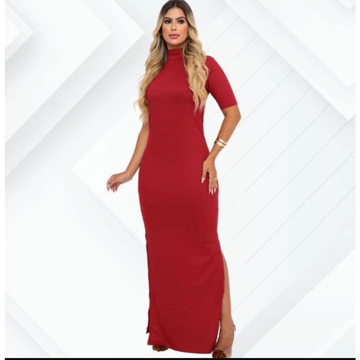 Vestido Manga Curta Longo Canelado Feminino Tubinho