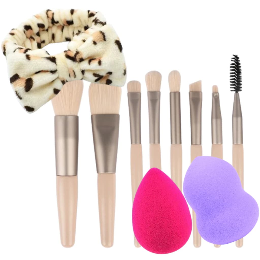 Kit 8 Pincéis C/ Estojo Maquiagem P/Base Blush E sombra + 2 Esponja Gota Chanfrada Para Base e Corretivo + Faixa Make
