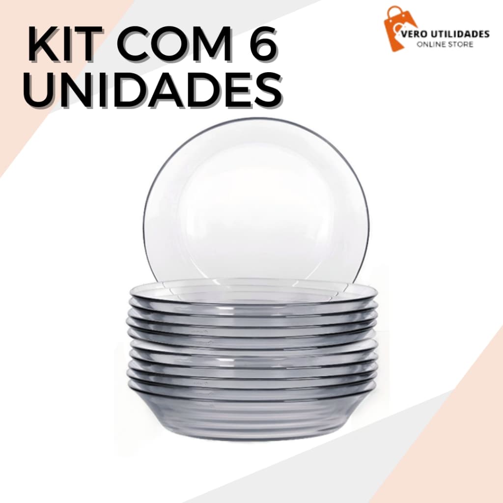 Kit Prato Fundo De Vidro Transparente 6 Unidades Jogo Prato Fundo Vidro Resistente