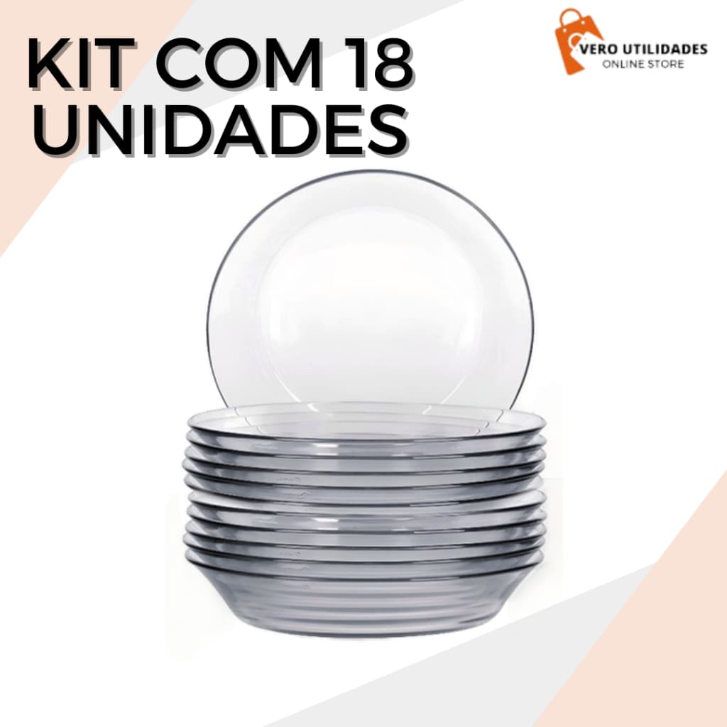 Kit 18 Pratos Fundos Vidro Transparente Resistente Conjunto Prato Fundo