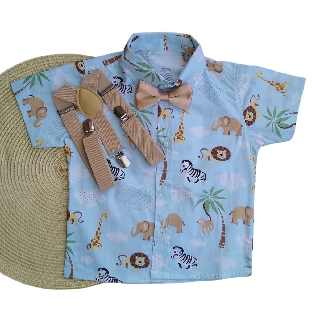 Kit Camisa + Suspensório Gravata Bichinhos Arca de Noé Menino