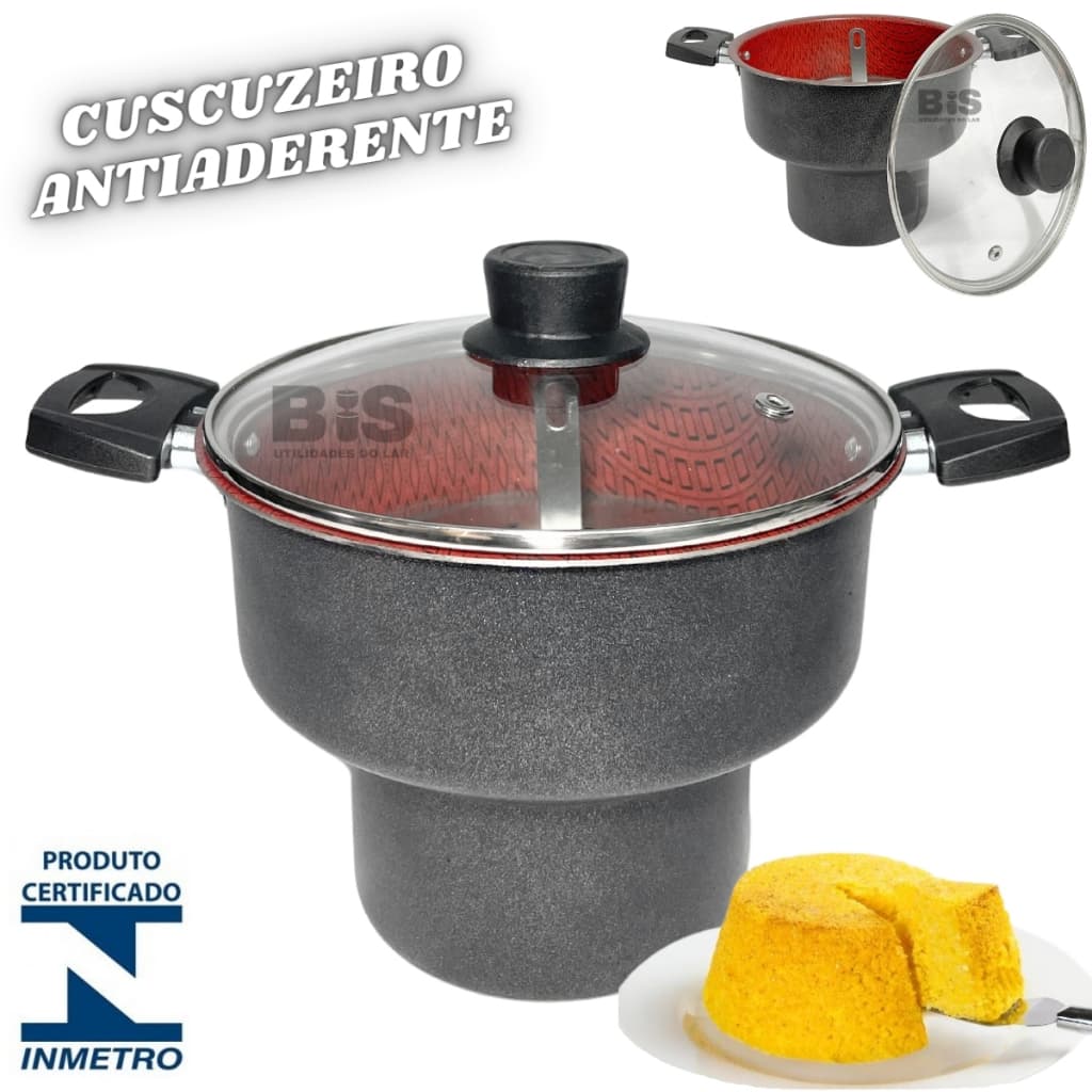 Cuscuzeiro Antiaderente Com Tampa de Vidro N18 ou N16 Preto Teflon Cuscuz Nordestino
