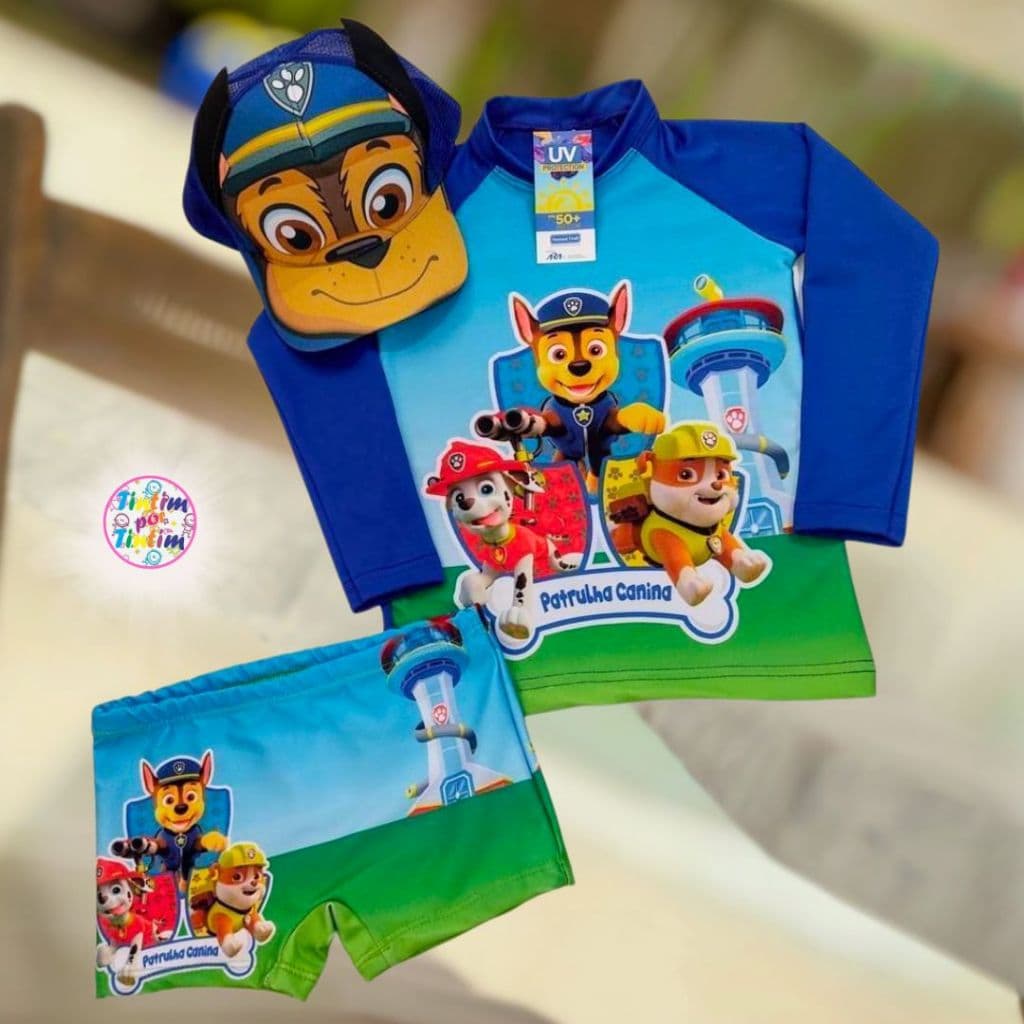 Kit roupa de praia e natação com Proteção com boné ou sem homem aranha PATRULHA CANINA astronauta segunda pele carnaval