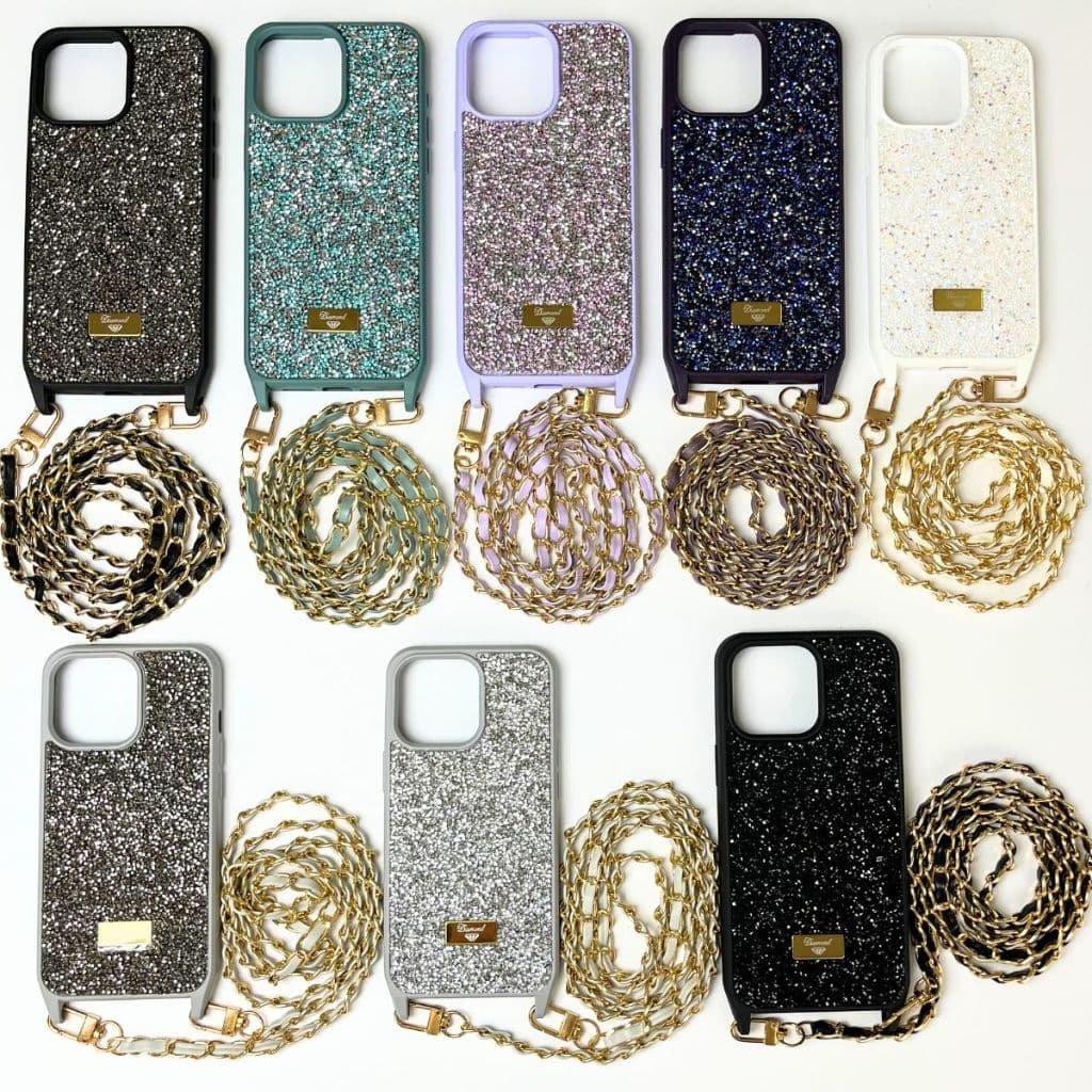 Capa Case para iPhone 11 ao 15 Com Strass E Alça Integrada Cordão Transversal Crossbody Tiracolo