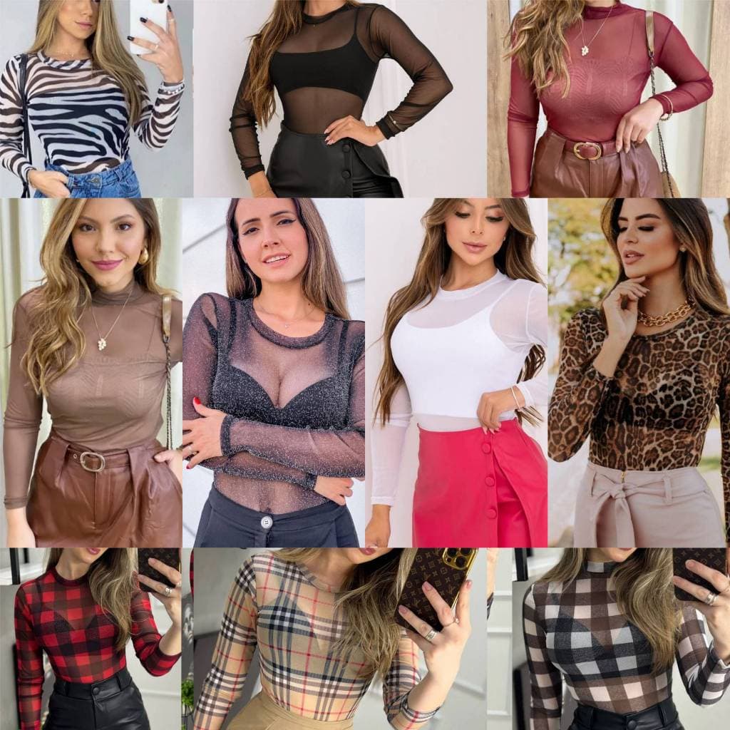 KIT 10 e KIT 20 Body feminino Tule Animal Print Bori Transparente (Variados e Escolhe pelo Chat)
