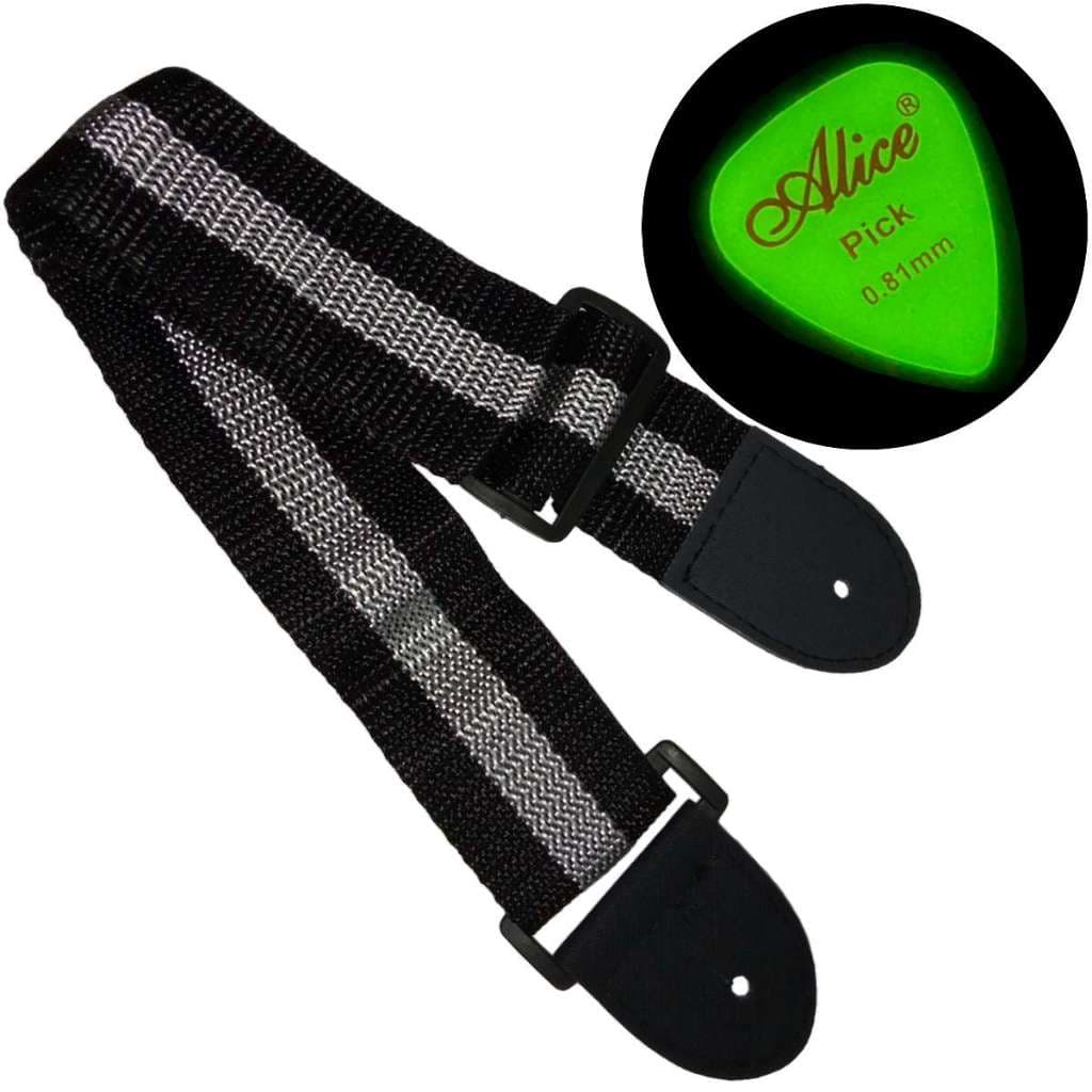 Correia Para Violão e Ukulele Em Nylon Simples Preto com Branco e Palheta Luminosa