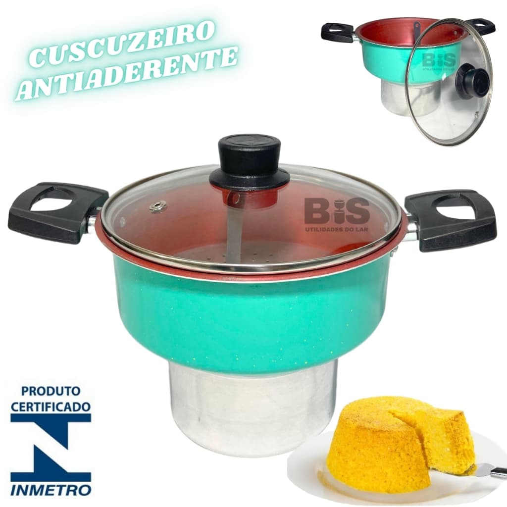 Cuscuzeiro Antiaderente Verde Com Tampa de Vidro N16 ou N18 Teflon Cuscuz Nordestino
