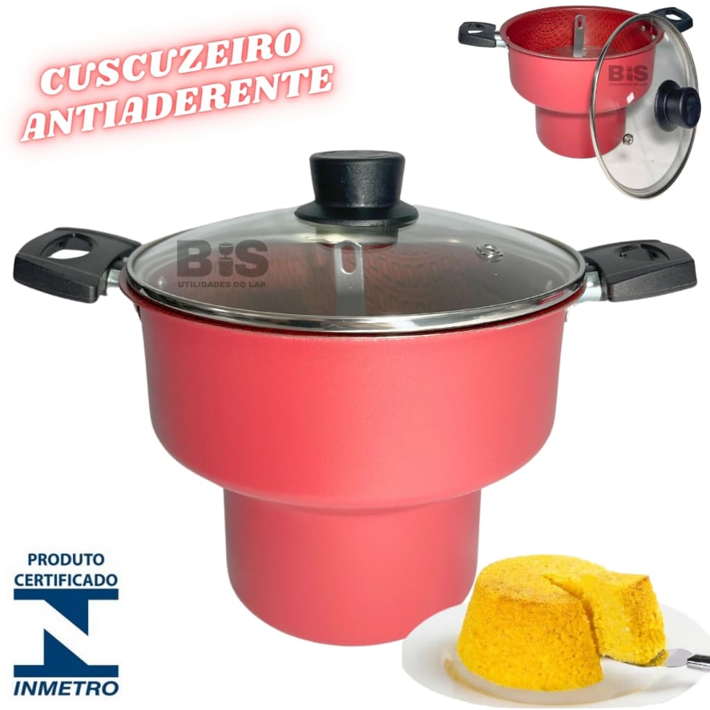 Cuscuzeiro Antiaderente Com Tampa de Vidro N16 ou N18 Vermelho Teflon Cuscuz Nordestino
