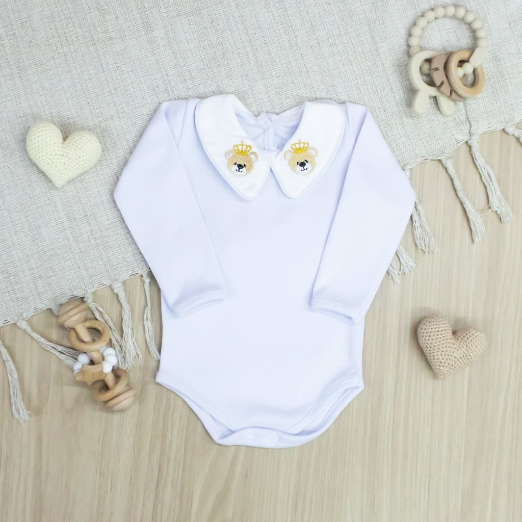 Body Bebe Menino com Gola Bordada Urso com Coroa Body Bebê Menino 100% Algodão para Batizado