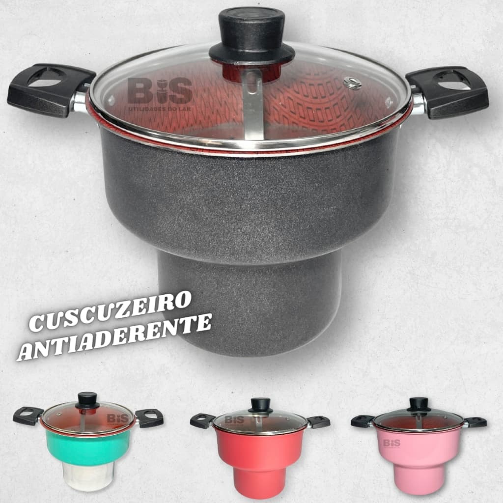 Cuscuzeiro Antiaderente Com Tampa de Vidro N18 Teflon Preto Verde Rosa ou Vermelho