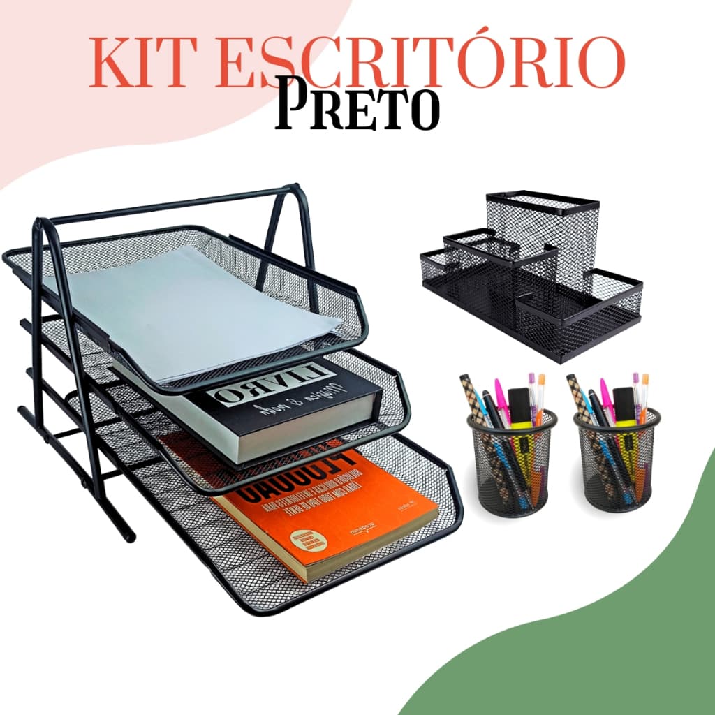 Kit Escritório Organizador Bandeja Porta Lápis Lixo Preto