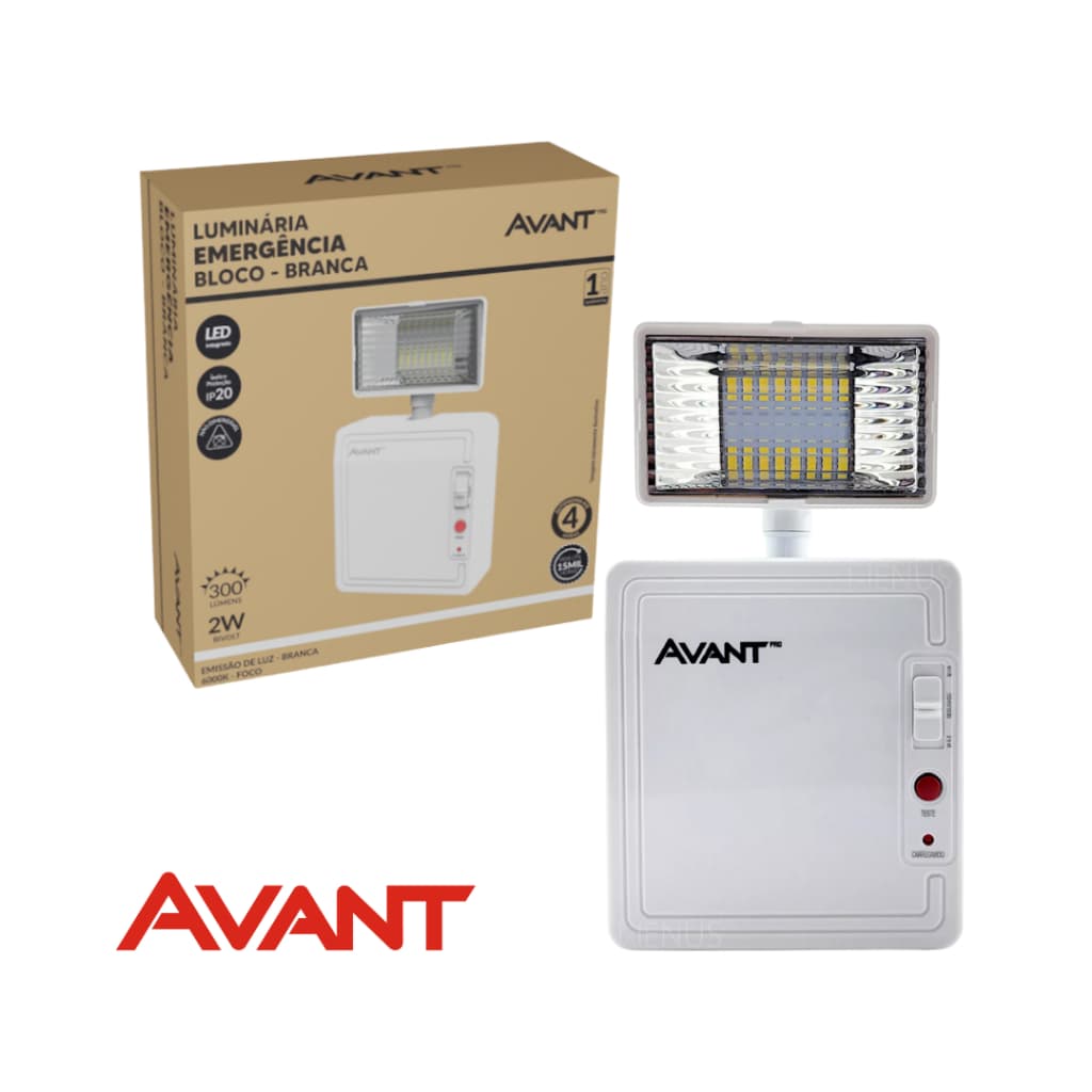 Luminária de emergência bloco 2W bivolt 300Lm 1 Farol Branca Avant