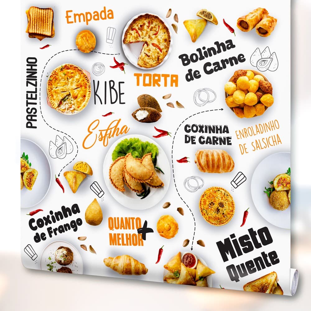 Papel de Parede Adesivo Decoração Salgados Coxinha esfirra Torta Kibe Cozinha Gourmet Lanchonete Lanche Branco