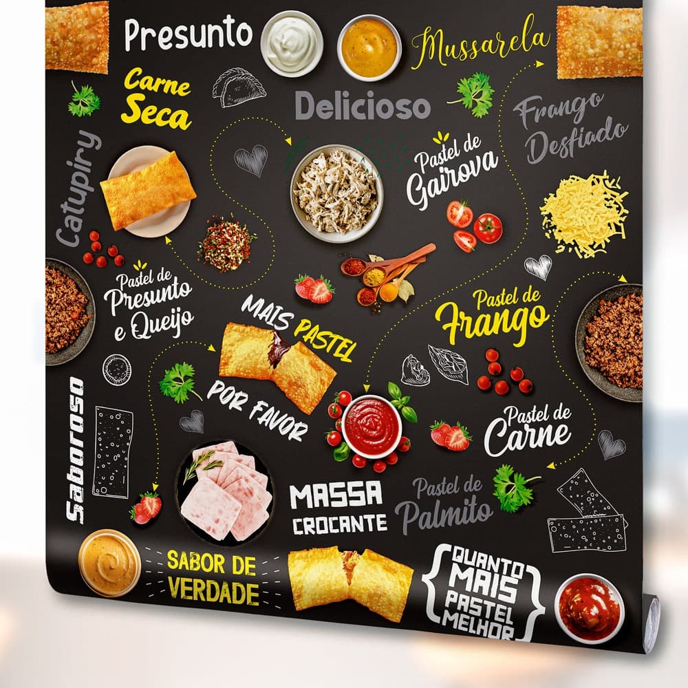 Papel de Parede Adesivo Decoração Pastel Pastelaria Frango Carne Cozinha Gourmet Lanchonete Preto